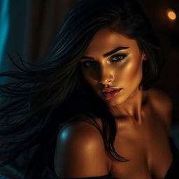 A dramatic scene capturing the essence of intimacy, showcasing a beautiful woman with flowing dark hair, seductive eyes, and a glamorous appearance, set in an alluring ambiance