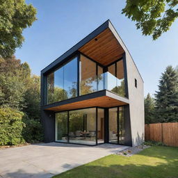 A two-story house designed as an upright triangular prism, featuring modern design elements adding an intriguing aesthetic to its unique geometric shape.