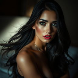 A dramatic scene capturing the essence of intimacy, showcasing a beautiful woman with flowing dark hair, seductive eyes, and a glamorous appearance, set in an alluring ambiance