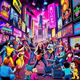 A dynamic collage of iconic pop culture elements, featuring famous characters from movies, music, and video games