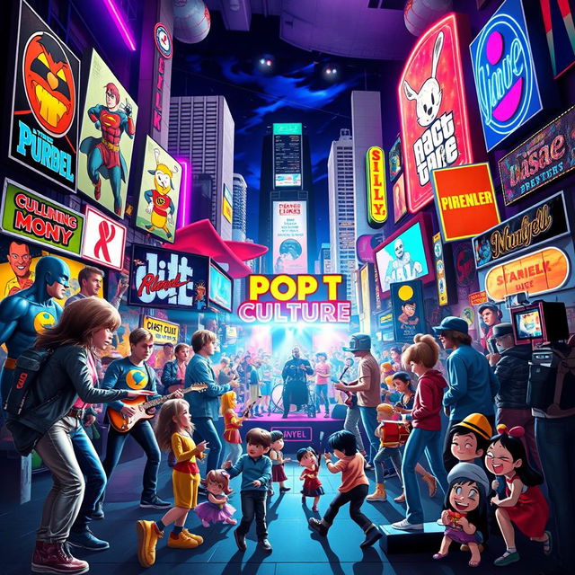 A dynamic collage of iconic pop culture elements, featuring famous characters from movies, music, and video games