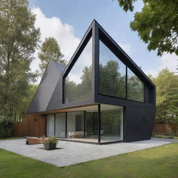 A two-story house designed as an upright triangular prism, featuring modern design elements adding an intriguing aesthetic to its unique geometric shape.