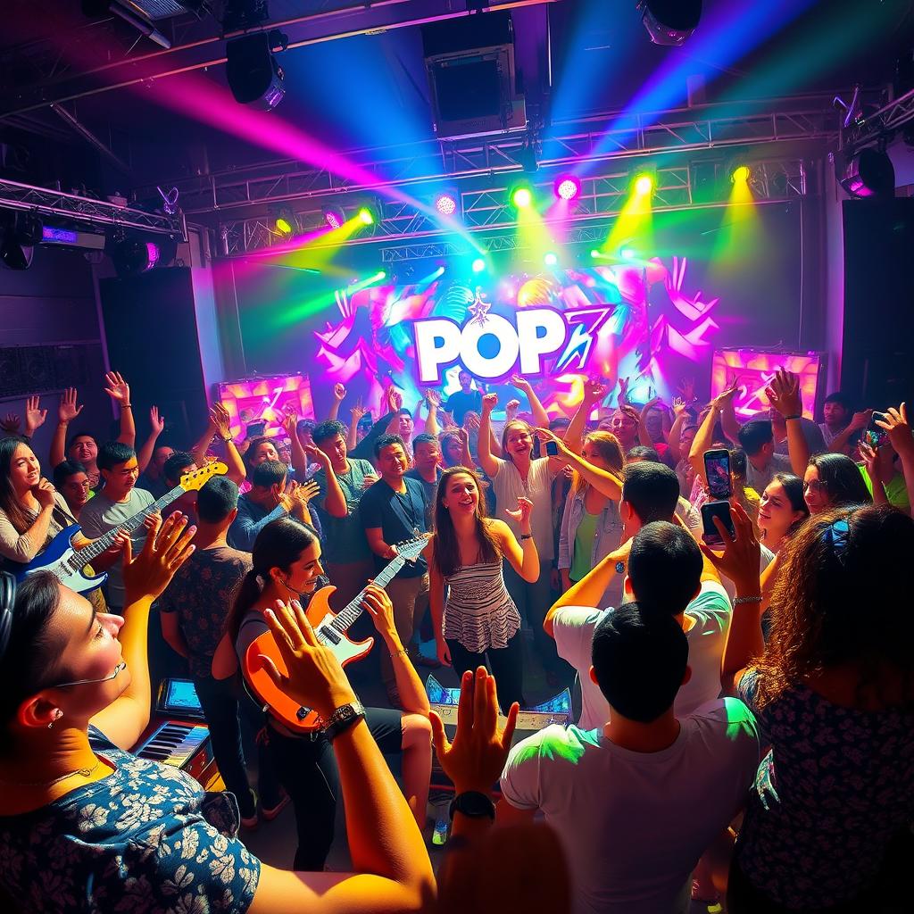 A vibrant and energetic pop music scene, featuring a lively concert atmosphere with colorful stage lighting, passionate musicians playing various instruments like electric guitars and keyboards, and an enthusiastic crowd dancing and singing along