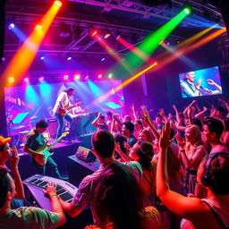 A vibrant and energetic pop music scene, featuring a lively concert atmosphere with colorful stage lighting, passionate musicians playing various instruments like electric guitars and keyboards, and an enthusiastic crowd dancing and singing along