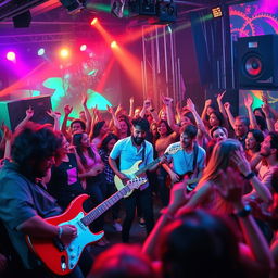 A vibrant and energetic pop music scene, featuring a lively concert atmosphere with colorful stage lighting, passionate musicians playing various instruments like electric guitars and keyboards, and an enthusiastic crowd dancing and singing along