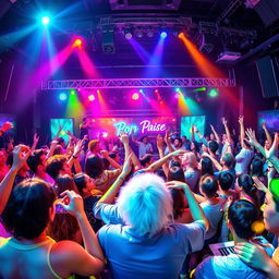 A vibrant and energetic pop music scene, featuring a lively concert atmosphere with colorful stage lighting, passionate musicians playing various instruments like electric guitars and keyboards, and an enthusiastic crowd dancing and singing along