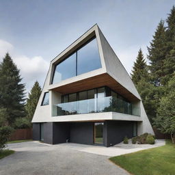 A two-story house designed as an upright triangular prism, featuring modern design elements adding an intriguing aesthetic to its unique geometric shape.