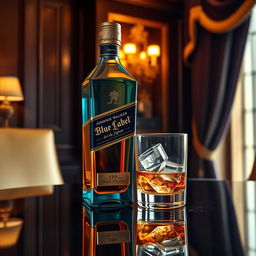 A photorealistic depiction of a Johnnie Walker Blue Label whiskey bottle featuring an elegant inscription that reads 'for the fighter