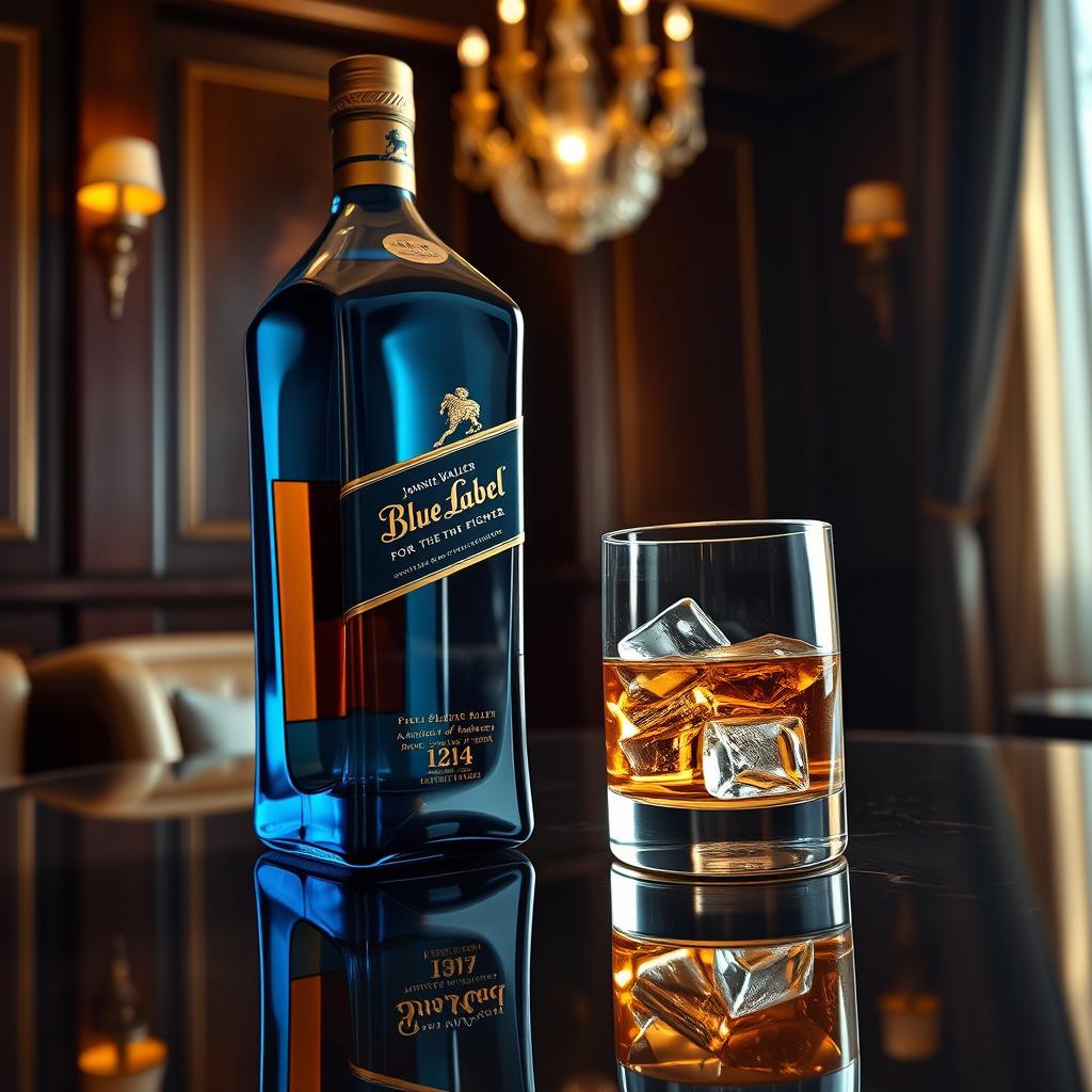 A photorealistic depiction of a Johnnie Walker Blue Label whiskey bottle featuring an elegant inscription that reads 'for the fighter