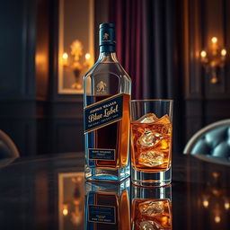 A photorealistic depiction of a Johnnie Walker Blue Label whiskey bottle featuring an elegant inscription that reads 'for the fighter