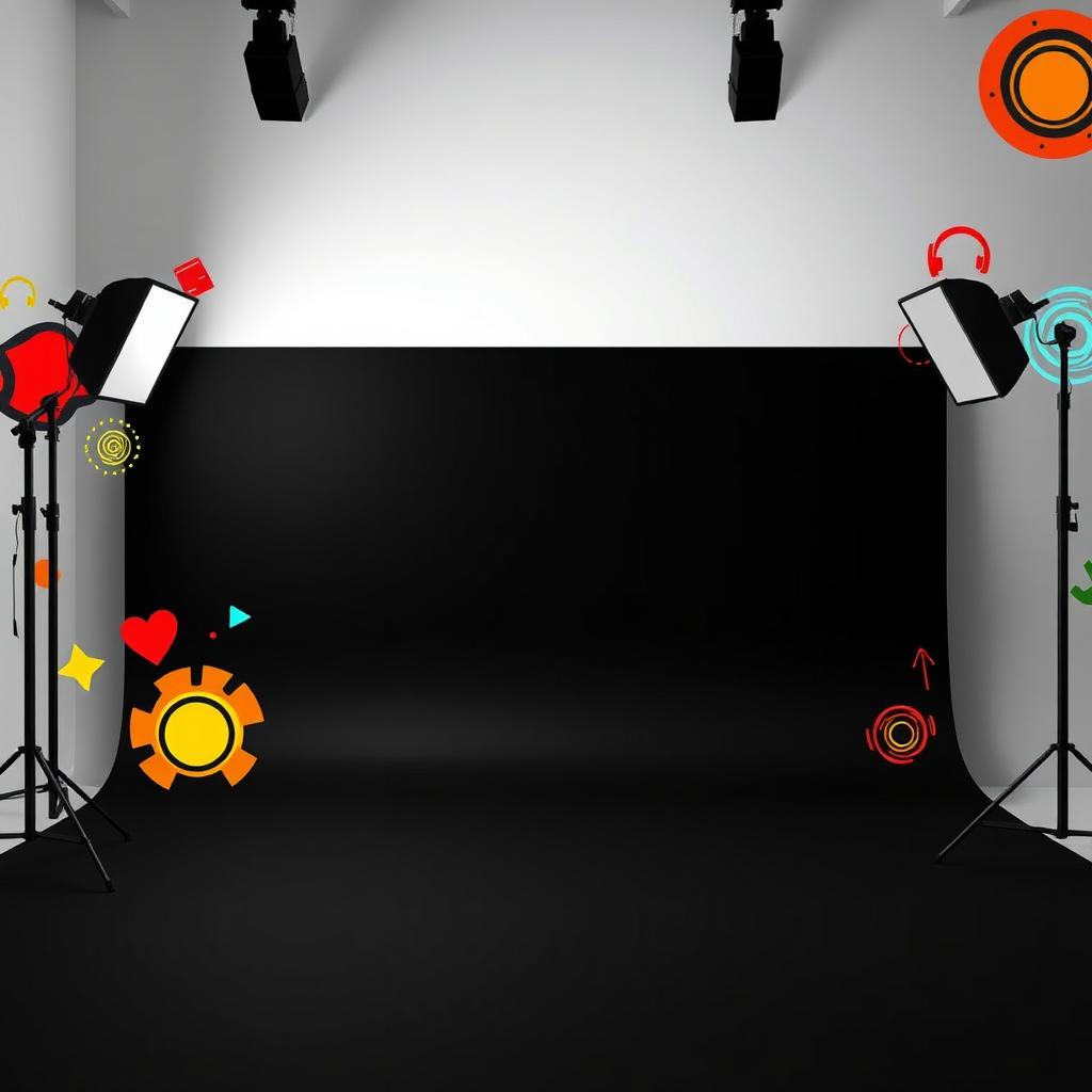 A YouTube studio background featuring a solid black base color complemented by bright and lively motifs