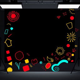 A YouTube studio background featuring a solid black base color complemented by bright and lively motifs