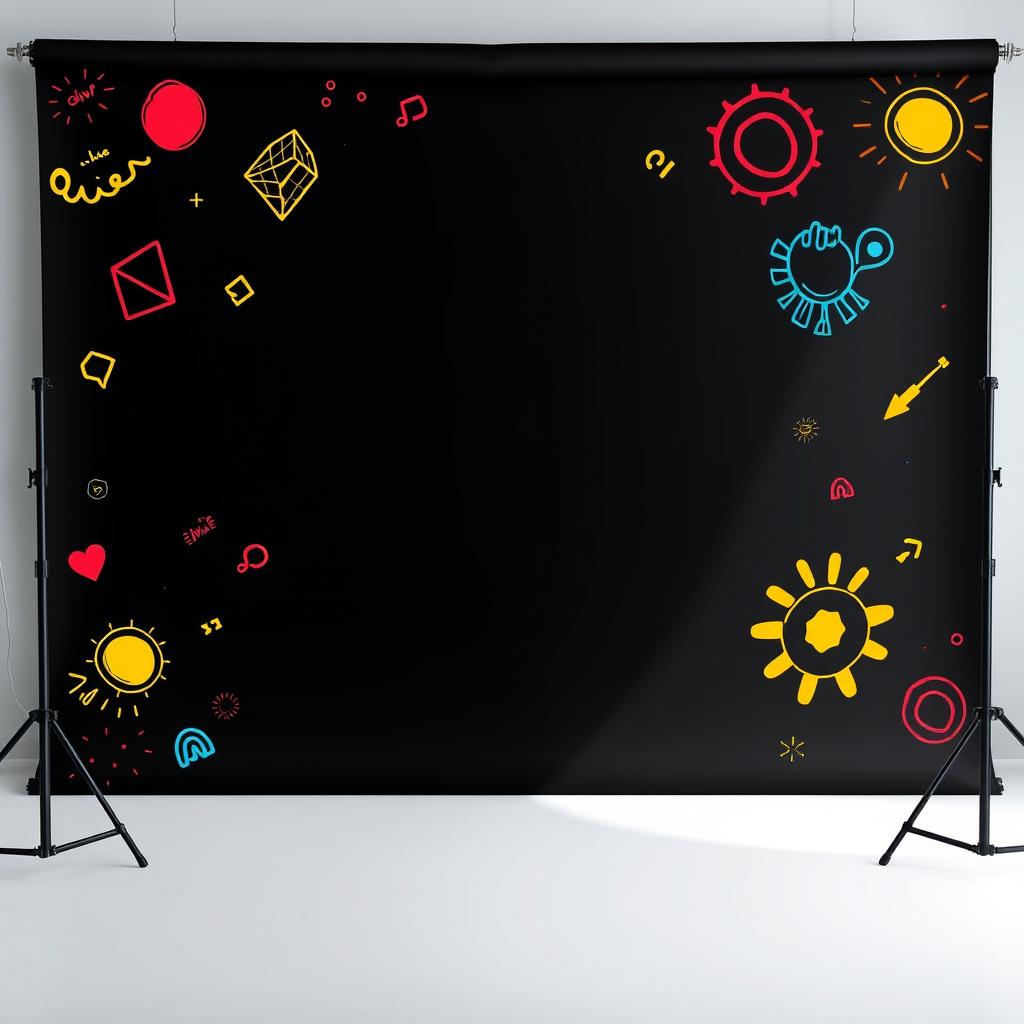 A YouTube studio background featuring a solid black base color complemented by bright and lively motifs