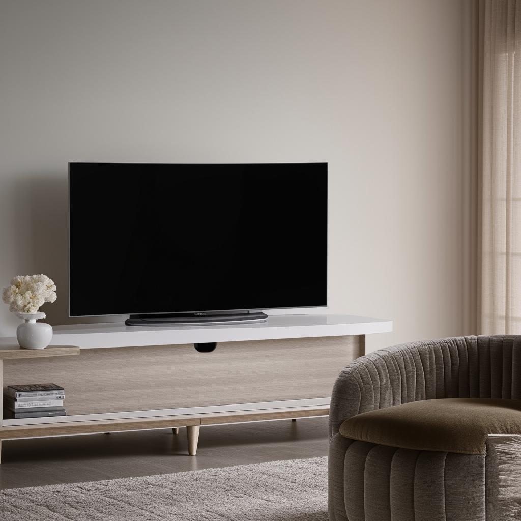 An exquisite living room featuring a state-of-the-art curved television, elegantly positioned amidst stylish furniture.