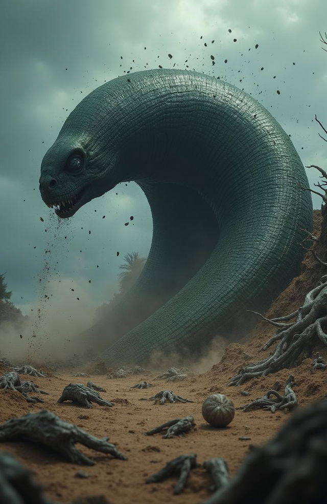 A live action, hyper-realistic image of a gigantic faceless were-worm from Lord of the Rings bursting out of the ground