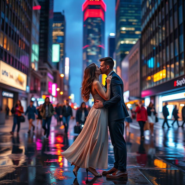 A romantic scene set in a bustling metropolis at twilight, with a couple sharing a passionate kiss on a city street