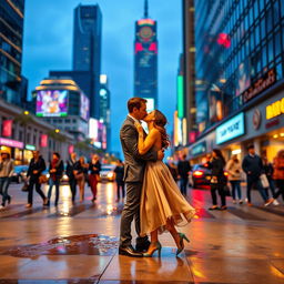 A romantic scene set in a bustling metropolis at twilight, with a couple sharing a passionate kiss on a city street