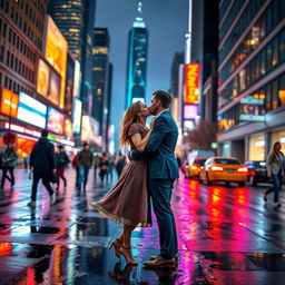 A romantic scene set in a bustling metropolis at twilight, with a couple sharing a passionate kiss on a city street