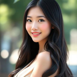 A realistic portrait of a young Asian woman resembling Yuan Sayuki, showcasing her distinct facial features, smooth skin, and captivating smile