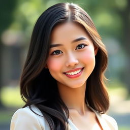 A realistic portrait of a young Asian woman resembling Yuan Sayuki, showcasing her distinct facial features, smooth skin, and captivating smile