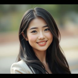 A realistic portrait of a young Asian woman resembling Yuan Sayuki, showcasing her distinct facial features, smooth skin, and captivating smile