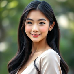 A realistic portrait of a young Asian woman resembling Yuan Sayuki, showcasing her distinct facial features, smooth skin, and captivating smile