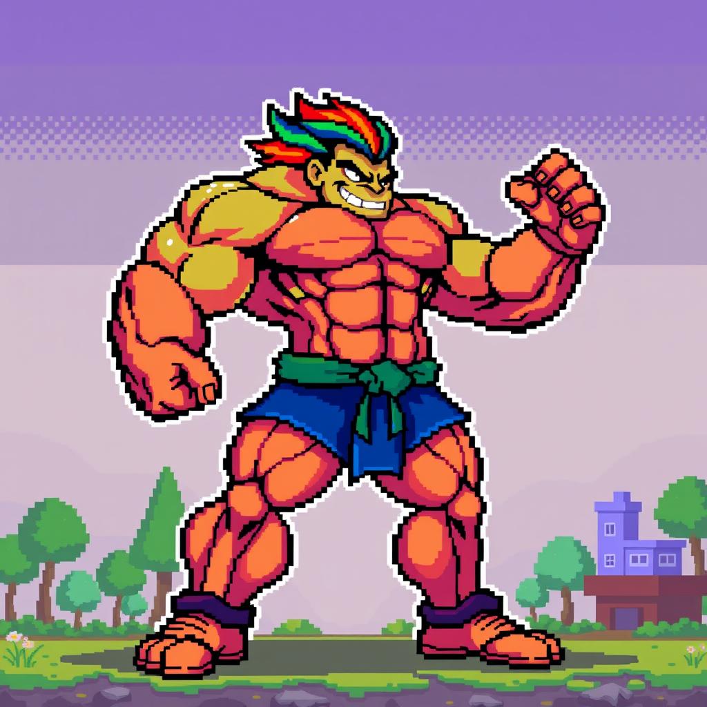 A vibrant and colorful pixel art depiction of a muscular character, showcasing exaggerated muscular features and a dynamic pose