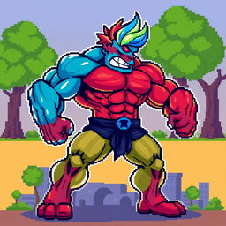 A vibrant and colorful pixel art depiction of a muscular character, showcasing exaggerated muscular features and a dynamic pose