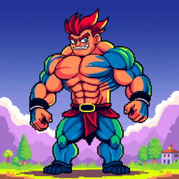 A vibrant and colorful pixel art depiction of a muscular character, showcasing exaggerated muscular features and a dynamic pose