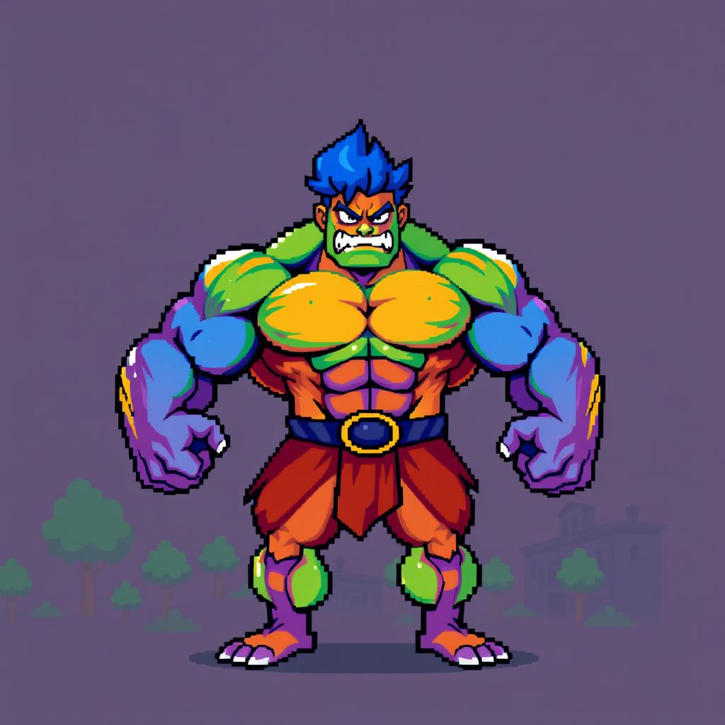 A vibrant and colorful pixel art depiction of a muscular character, showcasing exaggerated muscular features and a dynamic pose