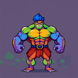 A vibrant and colorful pixel art depiction of a muscular character, showcasing exaggerated muscular features and a dynamic pose