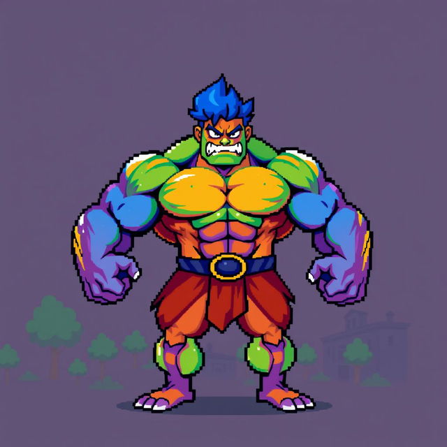 A vibrant and colorful pixel art depiction of a muscular character, showcasing exaggerated muscular features and a dynamic pose