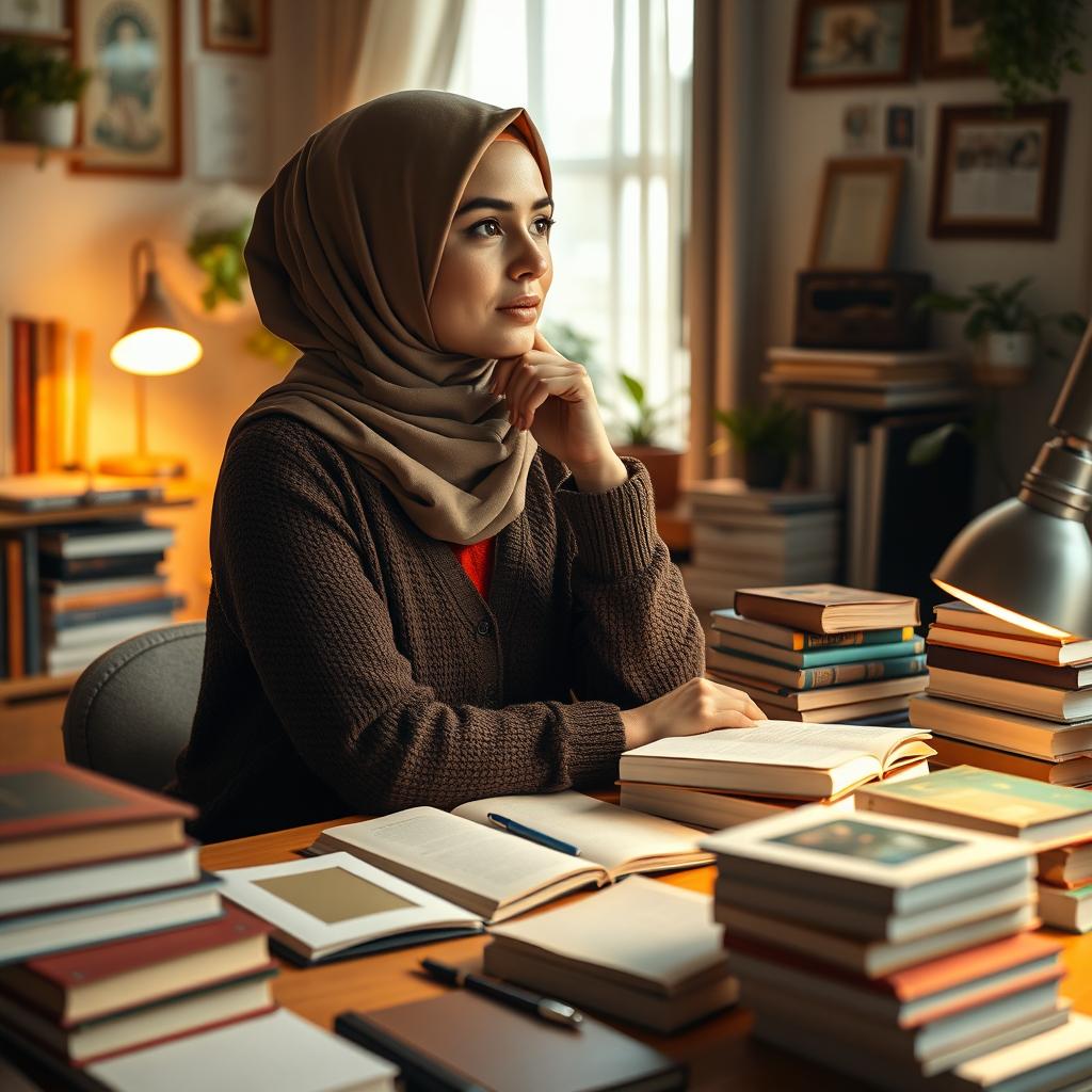 An image of a Muslimah sitting thoughtfully at a study table cluttered with stacks of books