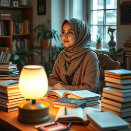 An image of a Muslimah sitting thoughtfully at a study table cluttered with stacks of books