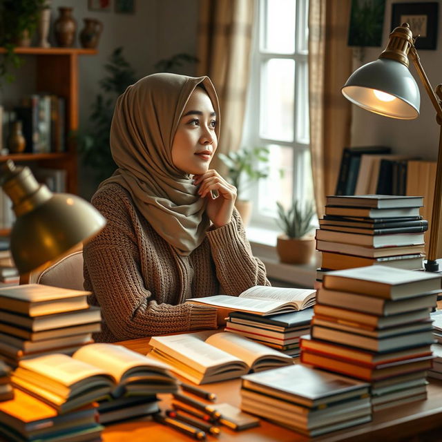 An image of a Muslimah sitting thoughtfully at a study table cluttered with stacks of books