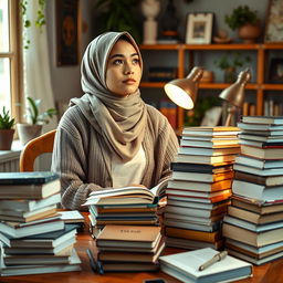 An image of a Muslimah sitting thoughtfully at a study table cluttered with stacks of books