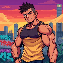 A detailed pixel art illustration of a muscular guy, showcasing well-defined muscles and a confident stance