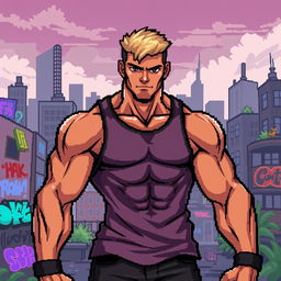 A detailed pixel art illustration of a muscular guy, showcasing well-defined muscles and a confident stance