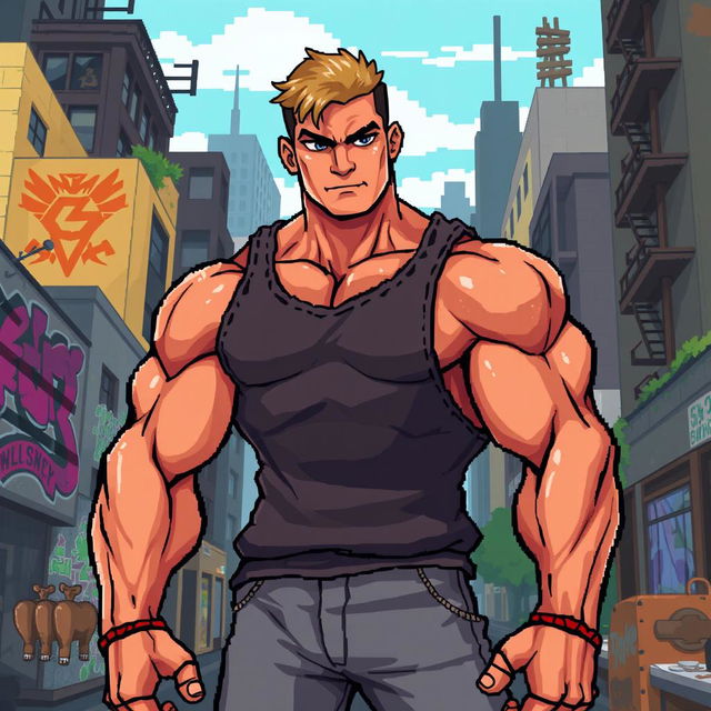 A detailed pixel art illustration of a muscular guy, showcasing well-defined muscles and a confident stance