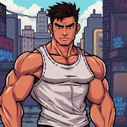 A detailed pixel art illustration of a muscular guy, showcasing well-defined muscles and a confident stance