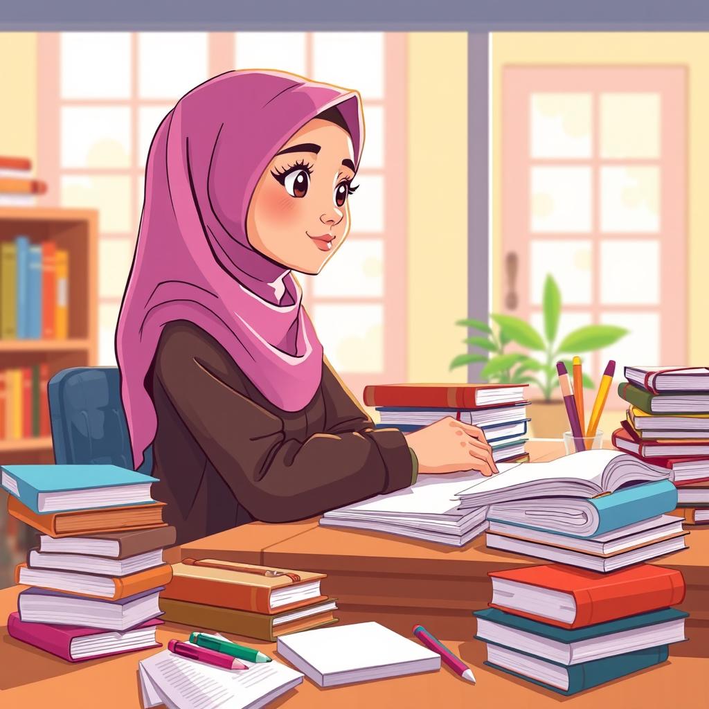 A colorful cartoon-style illustration of a Muslimah sitting at a study table, lost in thought while gazing out the window