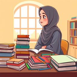 A colorful cartoon-style illustration of a Muslimah sitting at a study table, lost in thought while gazing out the window