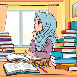 A colorful cartoon-style illustration of a Muslimah sitting at a study table, lost in thought while gazing out the window