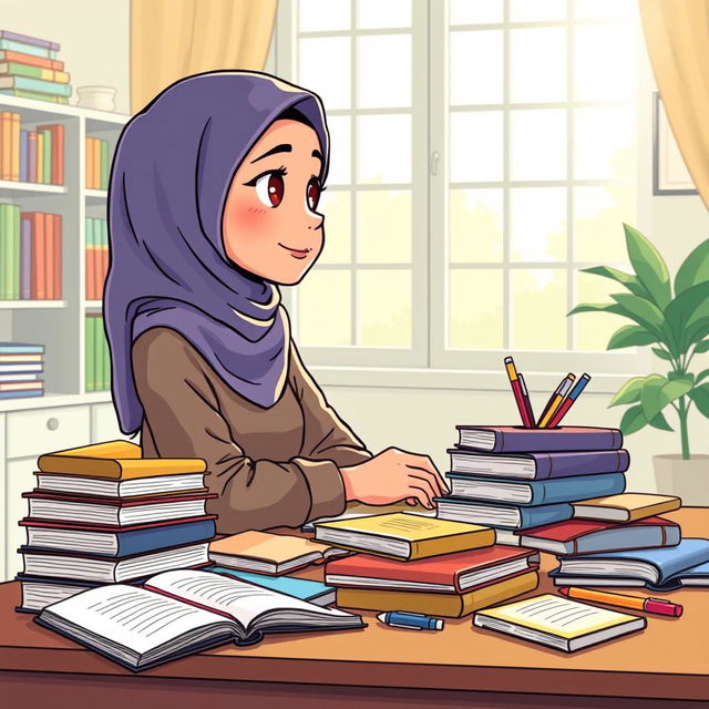 A colorful cartoon-style illustration of a Muslimah sitting at a study table, lost in thought while gazing out the window