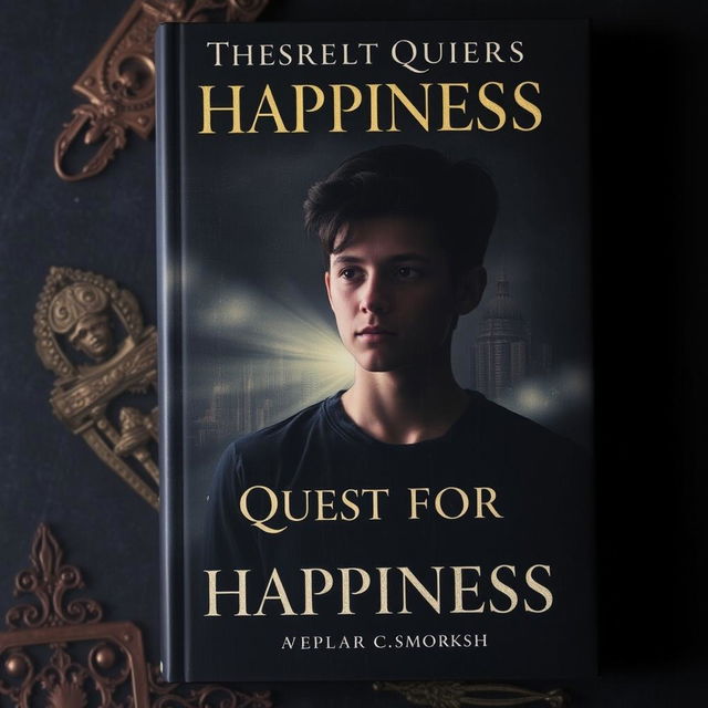 A dark book cover featuring an ethereal quest for happiness