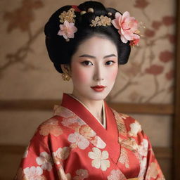 A poised woman gracefully adorned in richly colored traditional Japanese attire, with intricate patterns creating a mesmerizing display of Japanese culture.