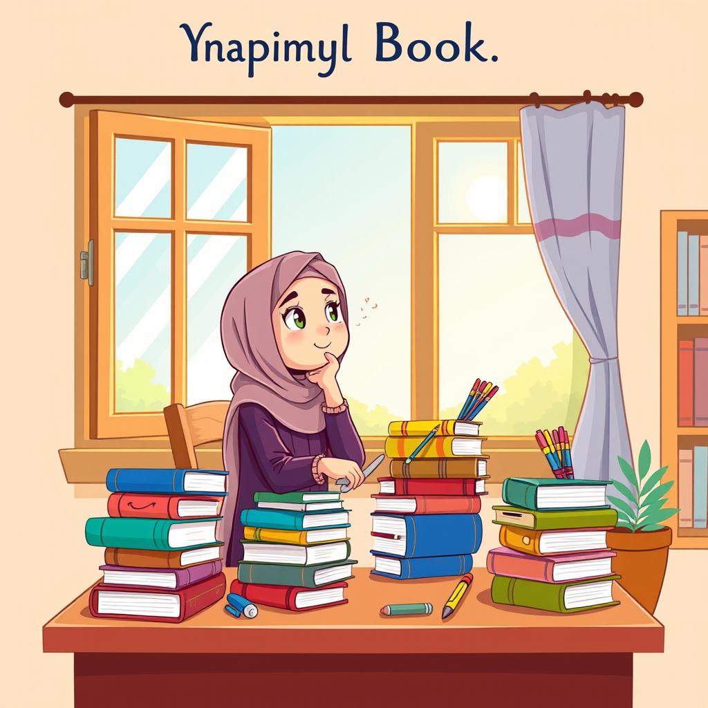 A whimsical and colorful book cover illustration featuring a cartoon Muslimah sitting at a study table, lost in thought as she gazes out of a window