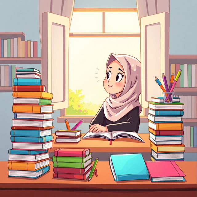 A whimsical and colorful book cover illustration featuring a cartoon Muslimah sitting at a study table, lost in thought as she gazes out of a window