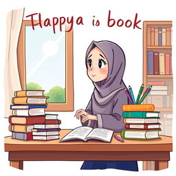 A whimsical and colorful book cover illustration featuring a cartoon Muslimah sitting at a study table, lost in thought as she gazes out of a window