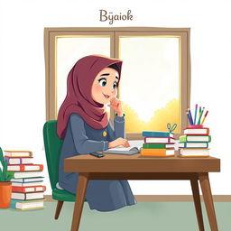 A whimsical and colorful book cover illustration featuring a cartoon Muslimah sitting at a study table, lost in thought as she gazes out of a window